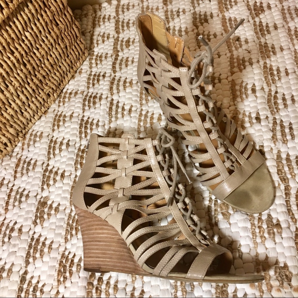 Beige Nine West heeled cage sandals